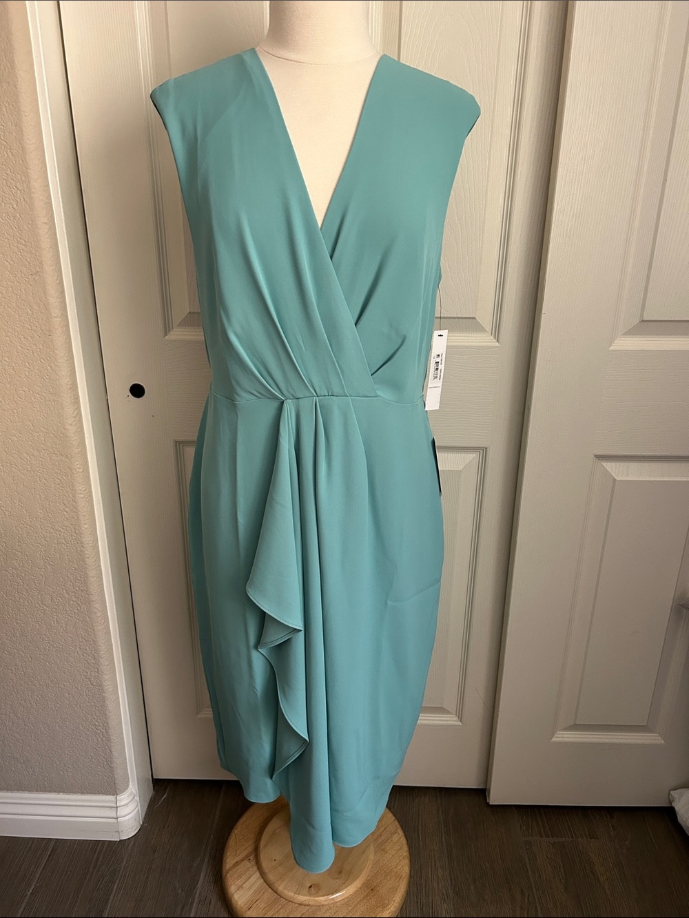 Maggy London Sleeveless Teal Midi Dress with Draped Front Size 12 NWT